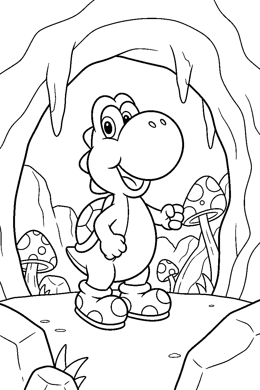 yoshi smiling happily in a hidden cave line art
