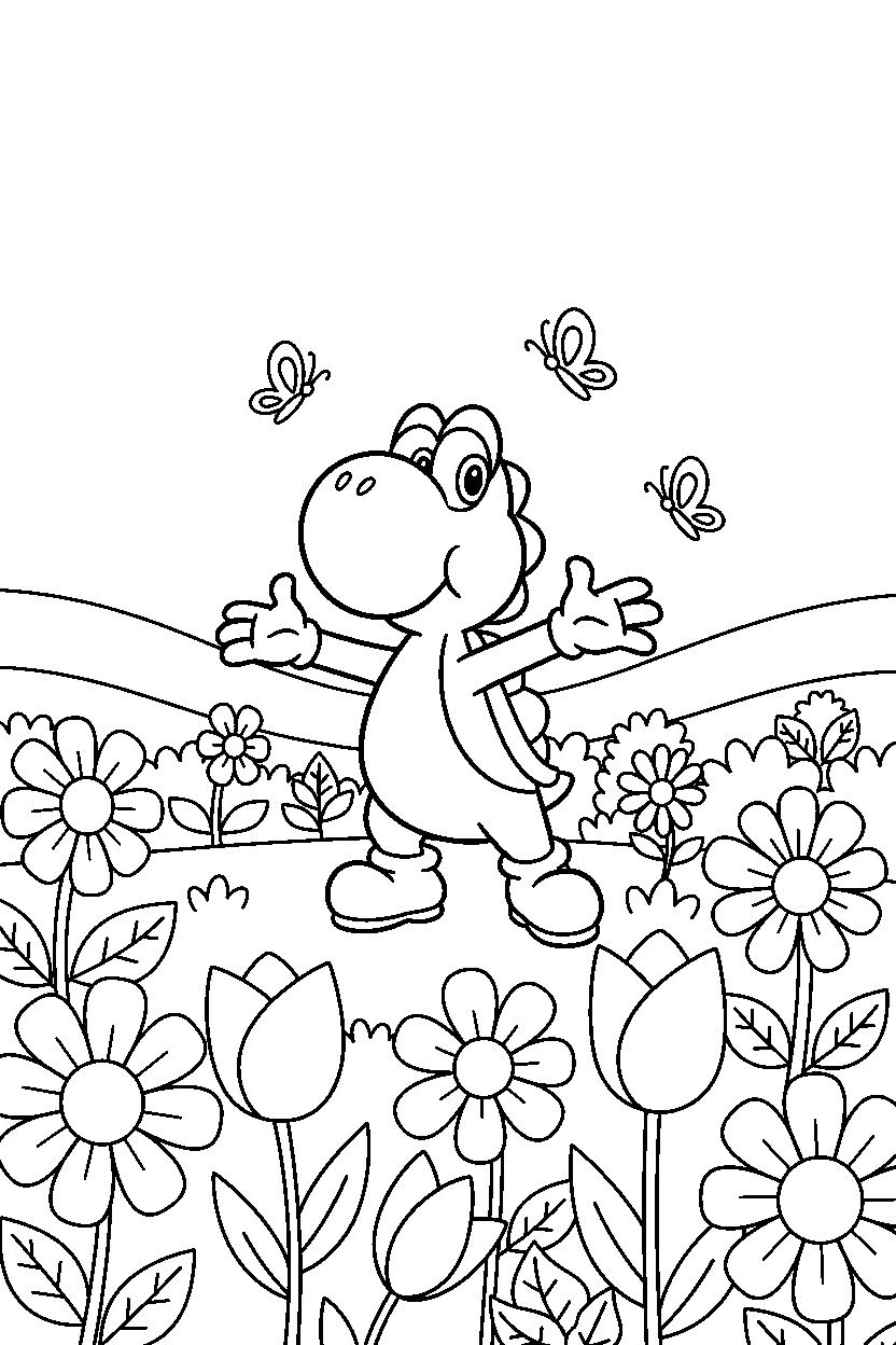 yoshi standing bravely in a flower field line art