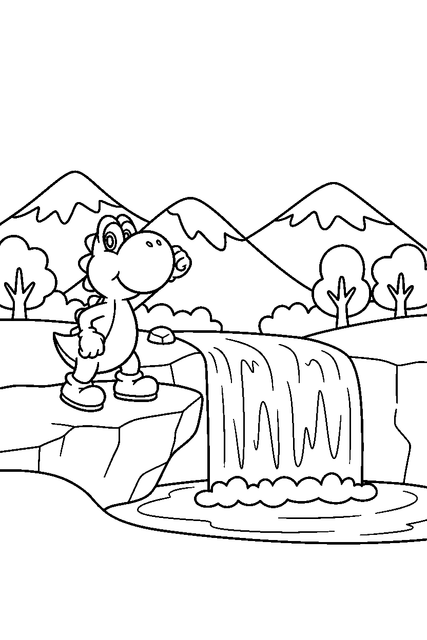 yoshi standing bravely near a waterfall line art