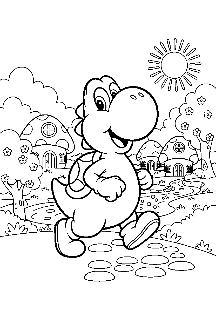yoshi walking proudly in a peaceful village line art