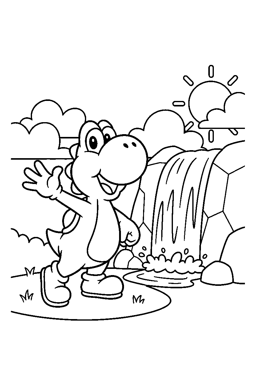 yoshi waving happily near a waterfall line art