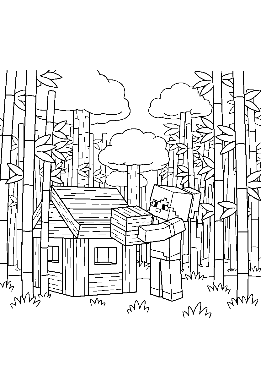 minecraft alex building carefully in a bamboo jungle line art