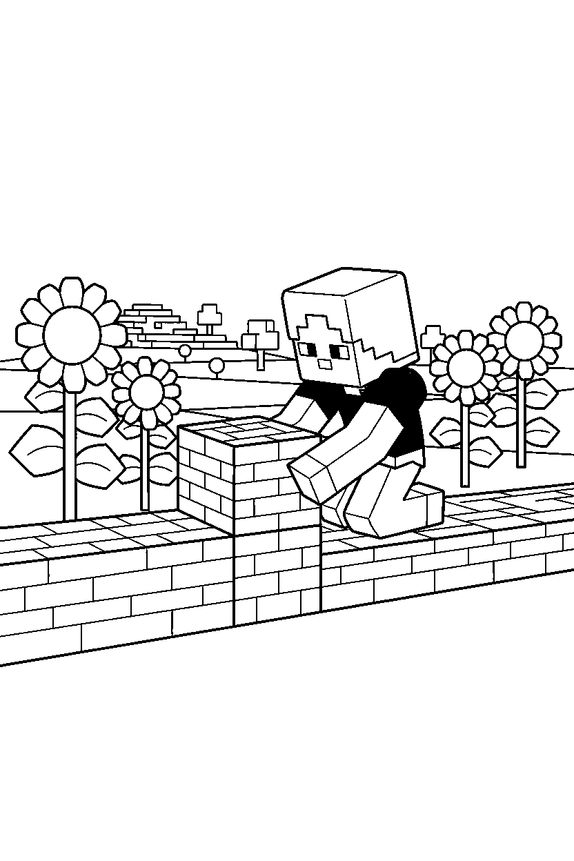 minecraft alex building slowly in sunflower plains line art