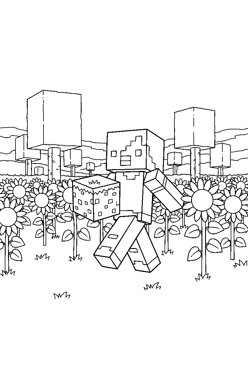 minecraft alex carrying block in sunflower plains line art