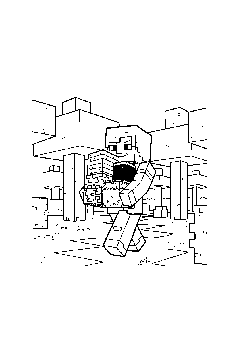 minecraft alex carrying materials in a forest line art
