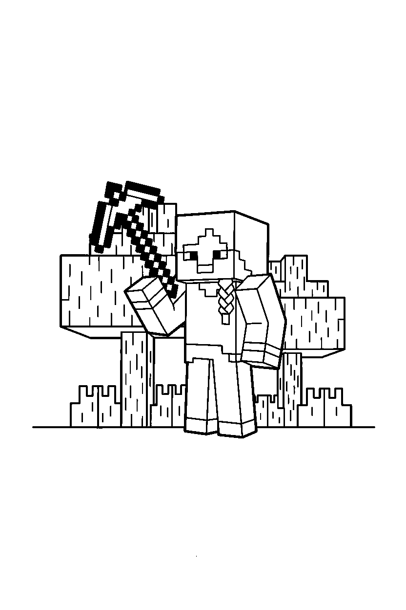 minecraft alex carrying tool in a forest line art