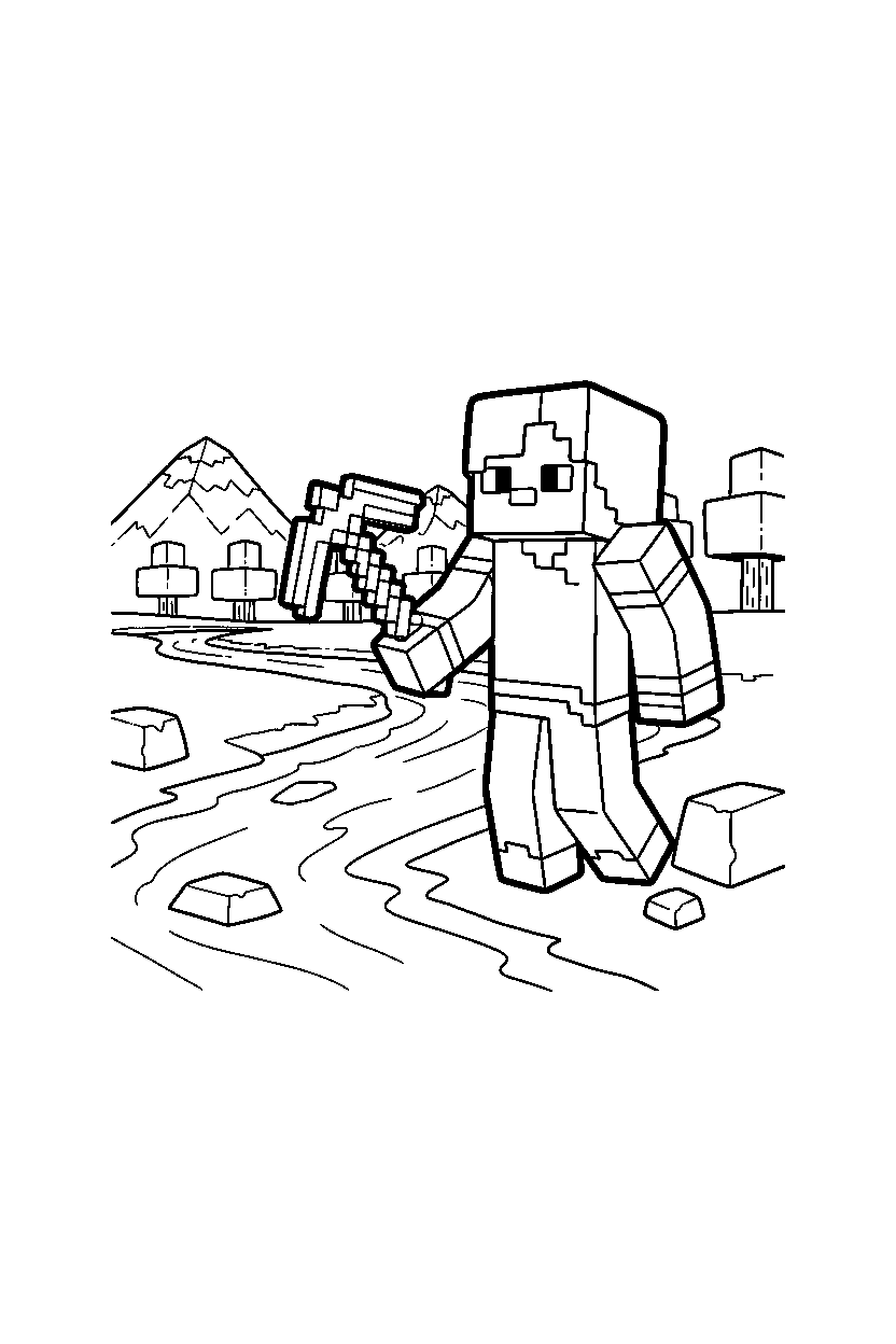 minecraft alex carrying tool near a river line art