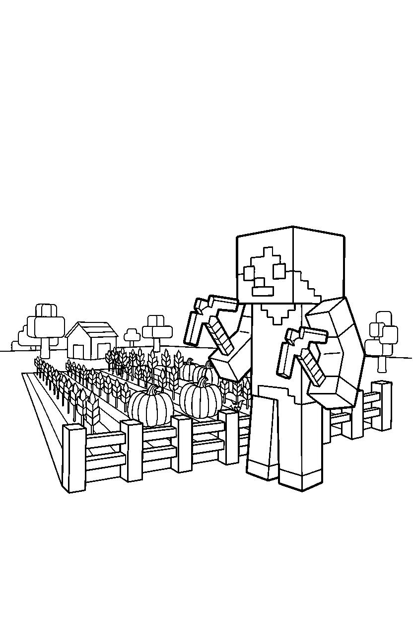 minecraft alex carrying tools near a farm field line art