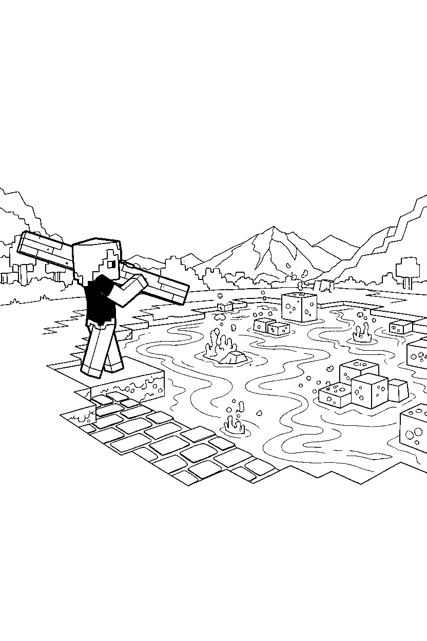 minecraft alex carrying wooden plank near a lava lake line art