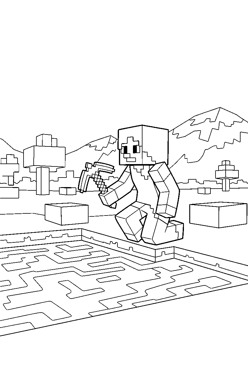 minecraft alex checking surrounding near a lava lake line art