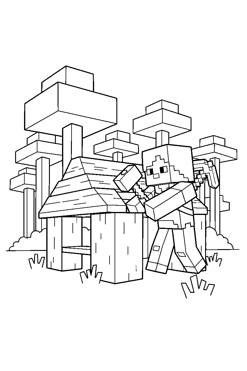 minecraft alex constructing something in a dark forest line art