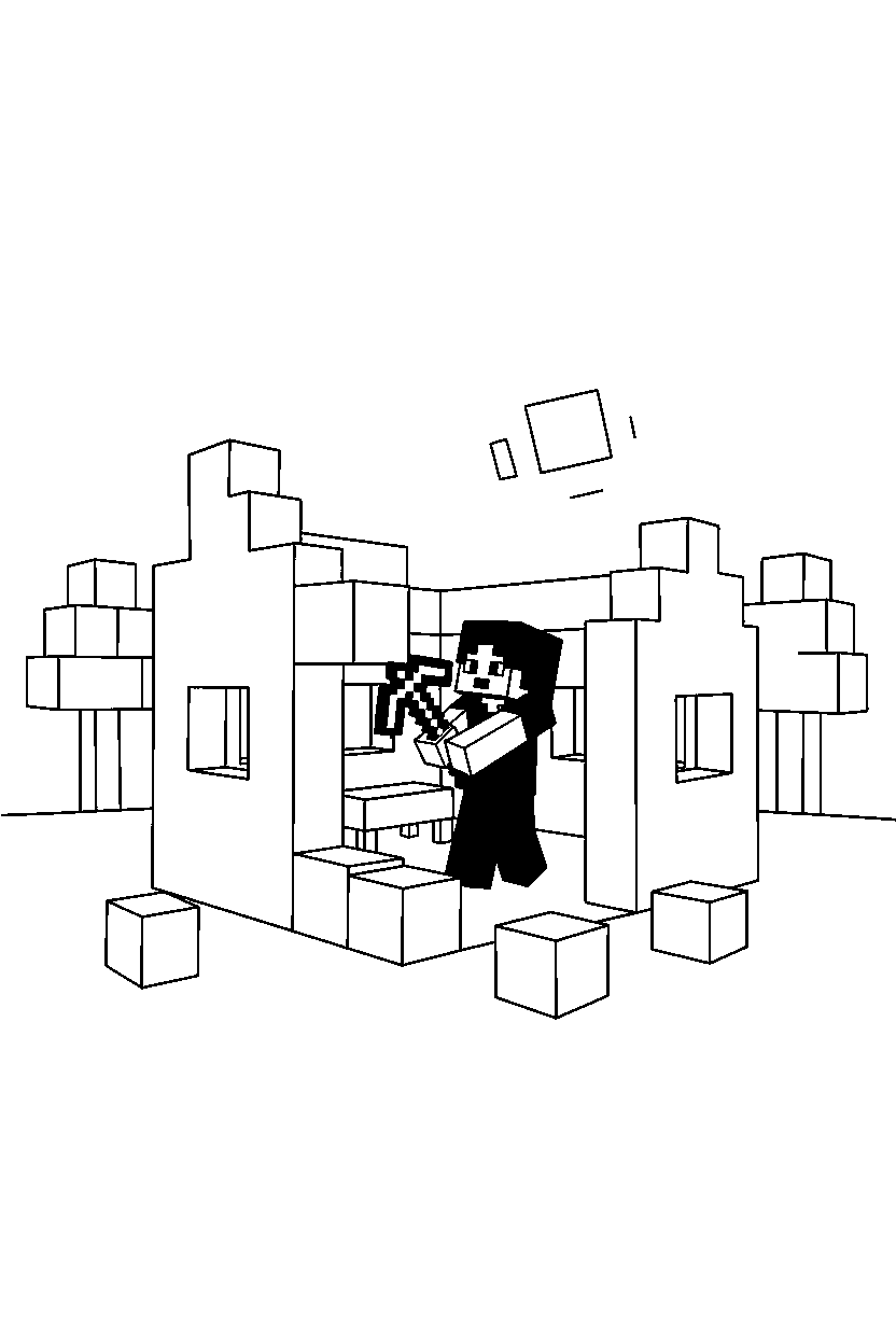 minecraft alex constructing something inside a house line art