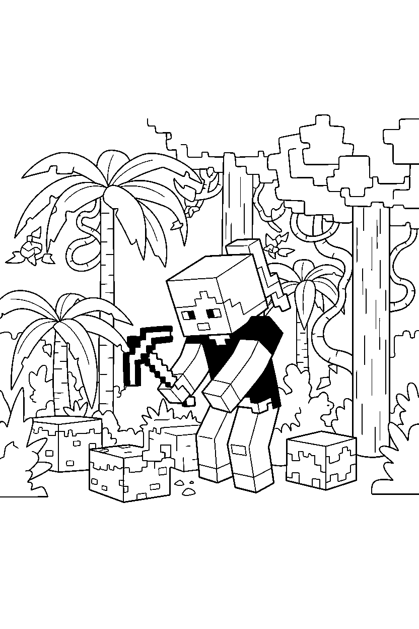 minecraft alex digging carefully in a jungle line art