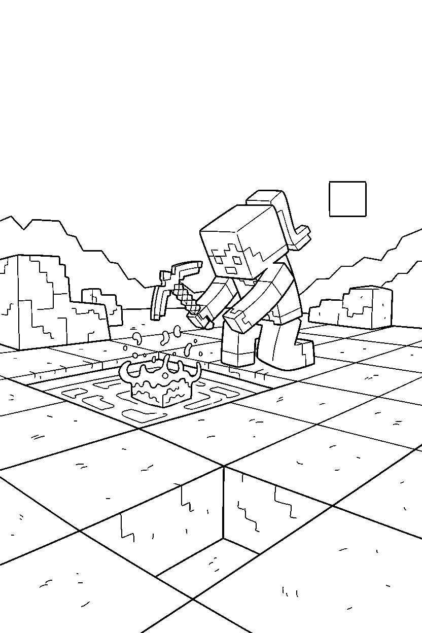 minecraft alex digging carefully near a lava lake line art