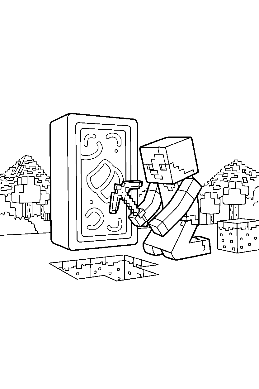 minecraft alex digging carefully near a portal line art