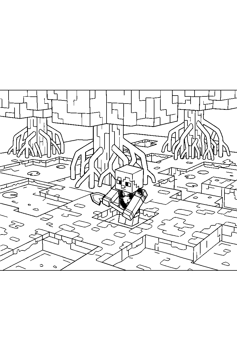 minecraft alex digging slowly in a mangrove swamp line art