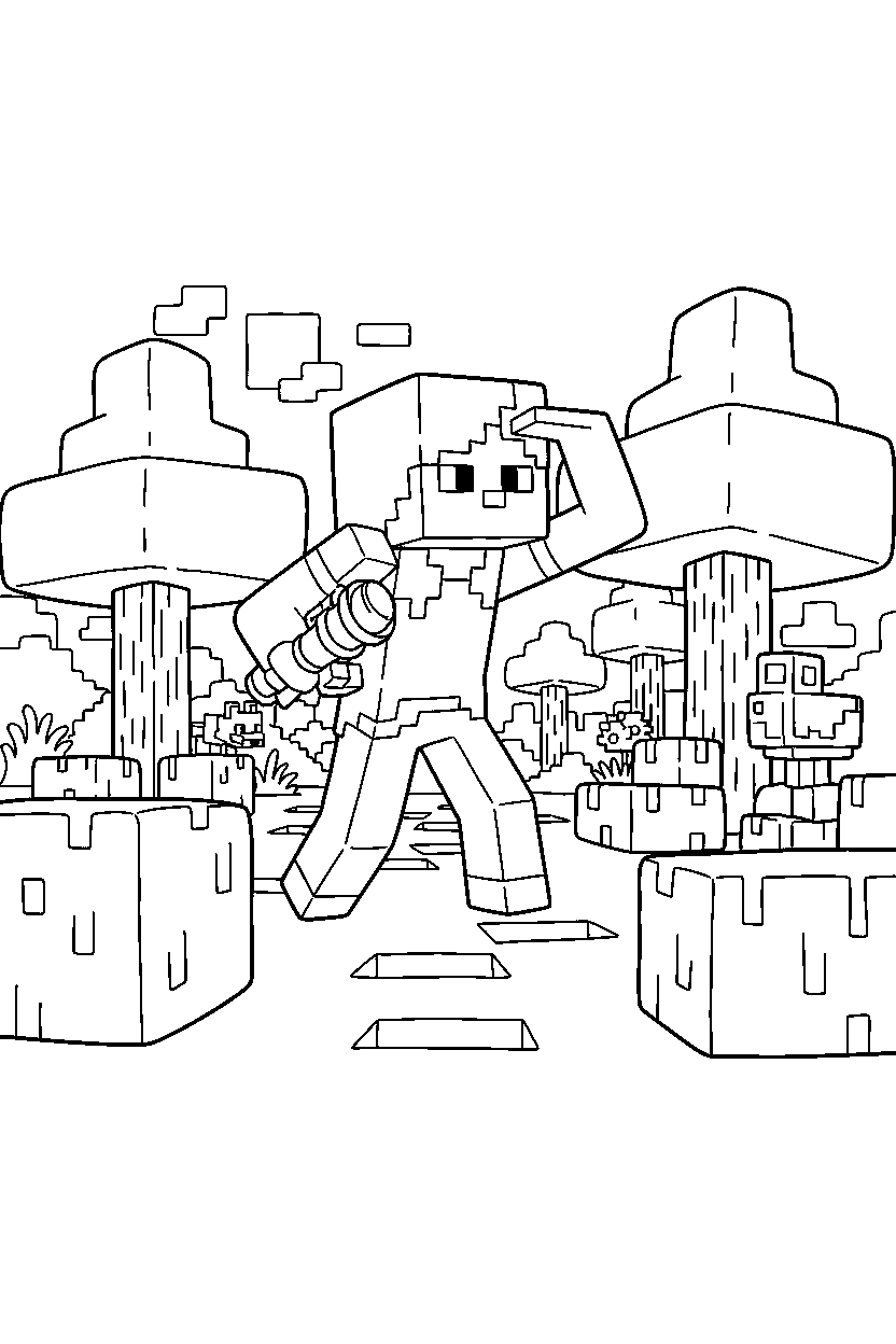 minecraft alex exploring curiously in a forest line art