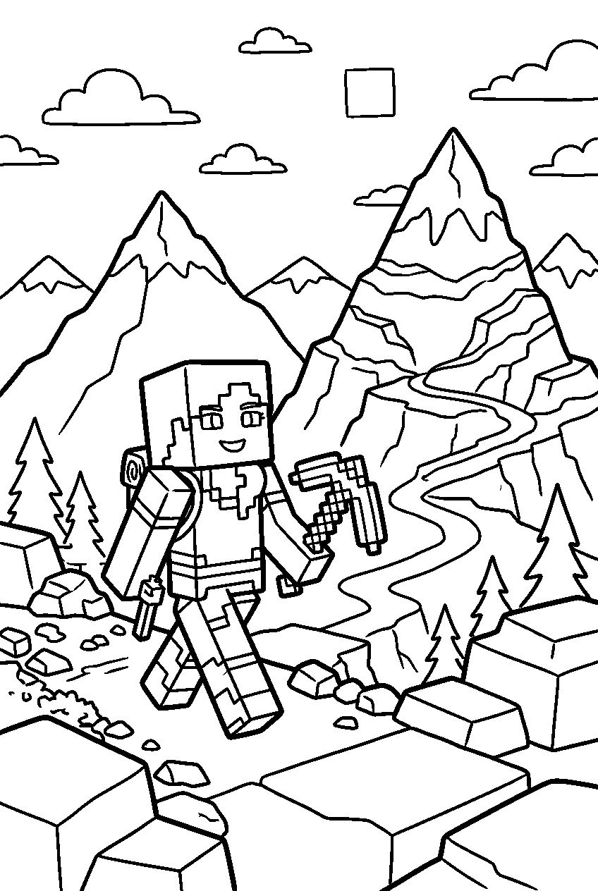 minecraft alex exploring in mountain landscape line art