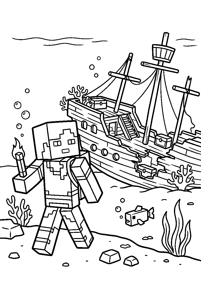 minecraft alex exploring in shipwreck area line art