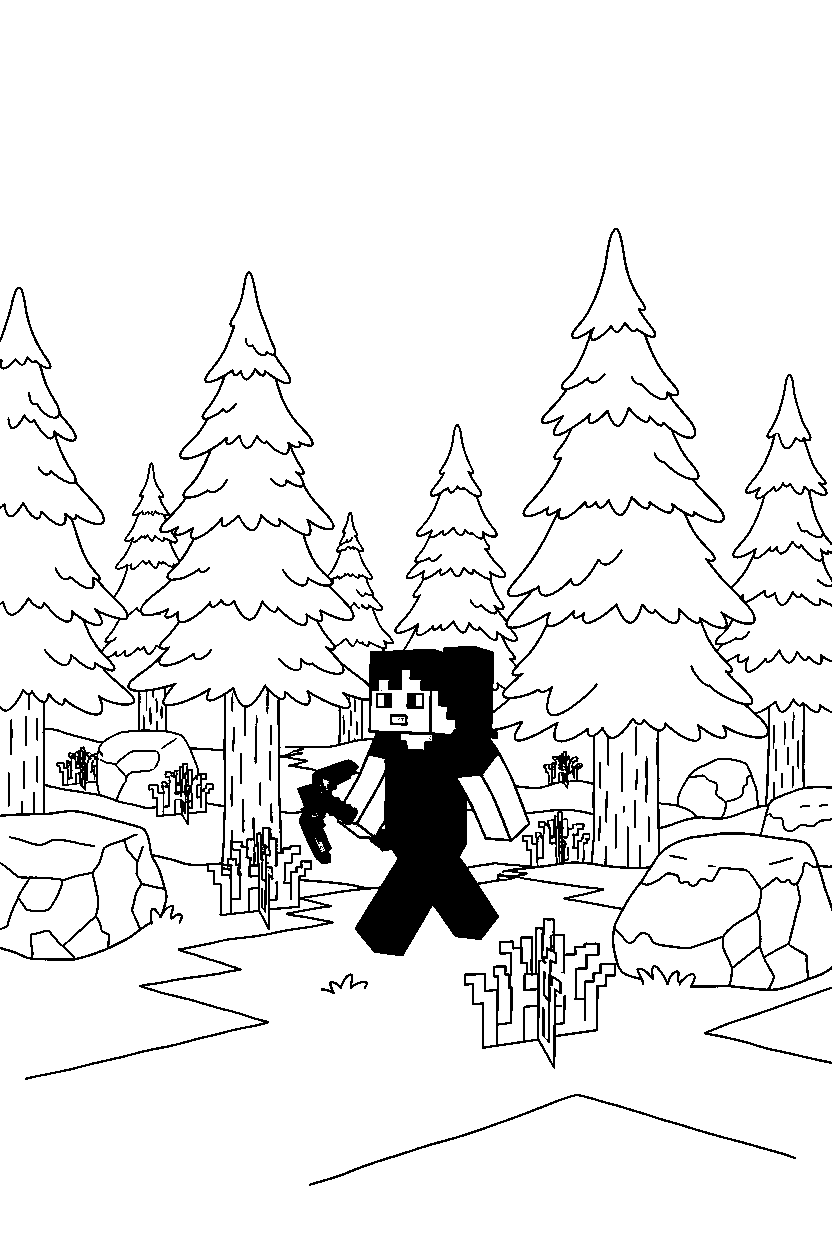 minecraft alex exploring in taiga forest line art