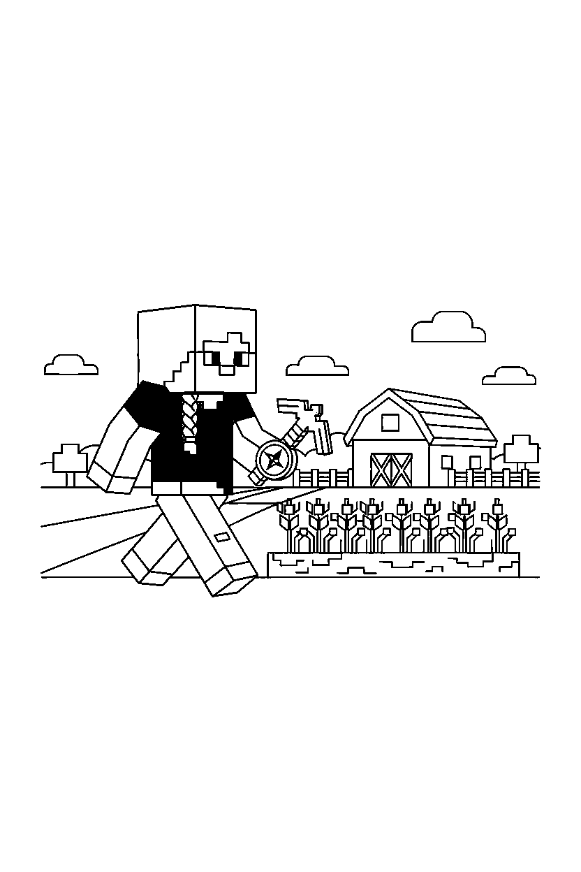 minecraft alex exploring slowly near a farm field line art