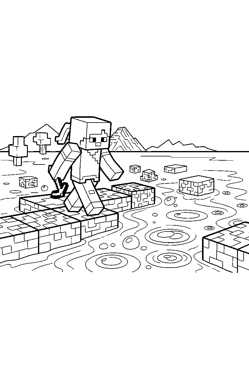 minecraft alex exploring slowly near a lava lake line art