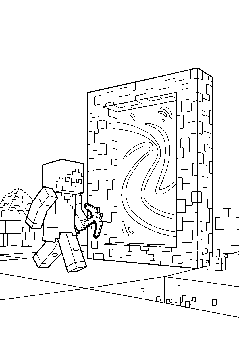 minecraft alex exploring slowly near a portal line art