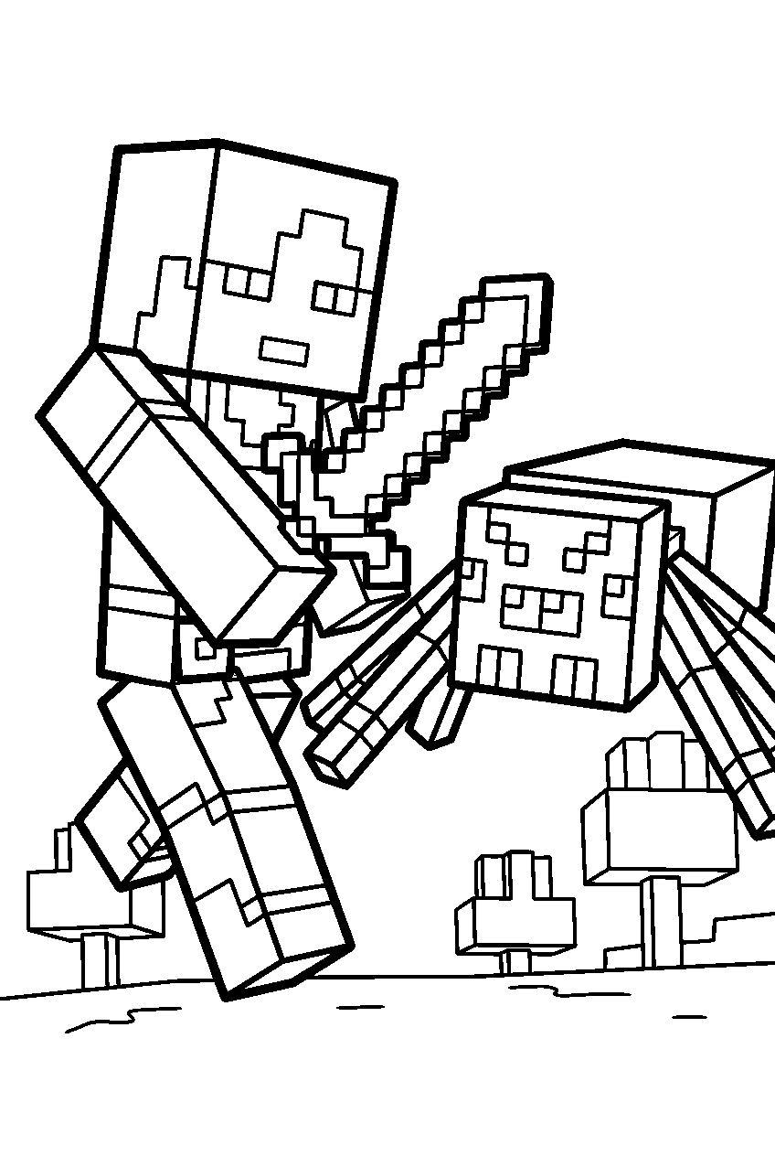 minecraft alex fighting a spider line art