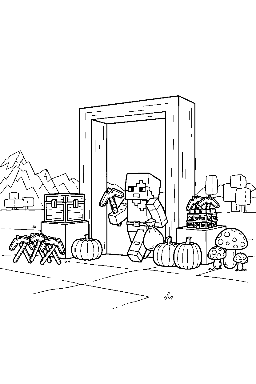minecraft alex gathering supply near a nether portal line art