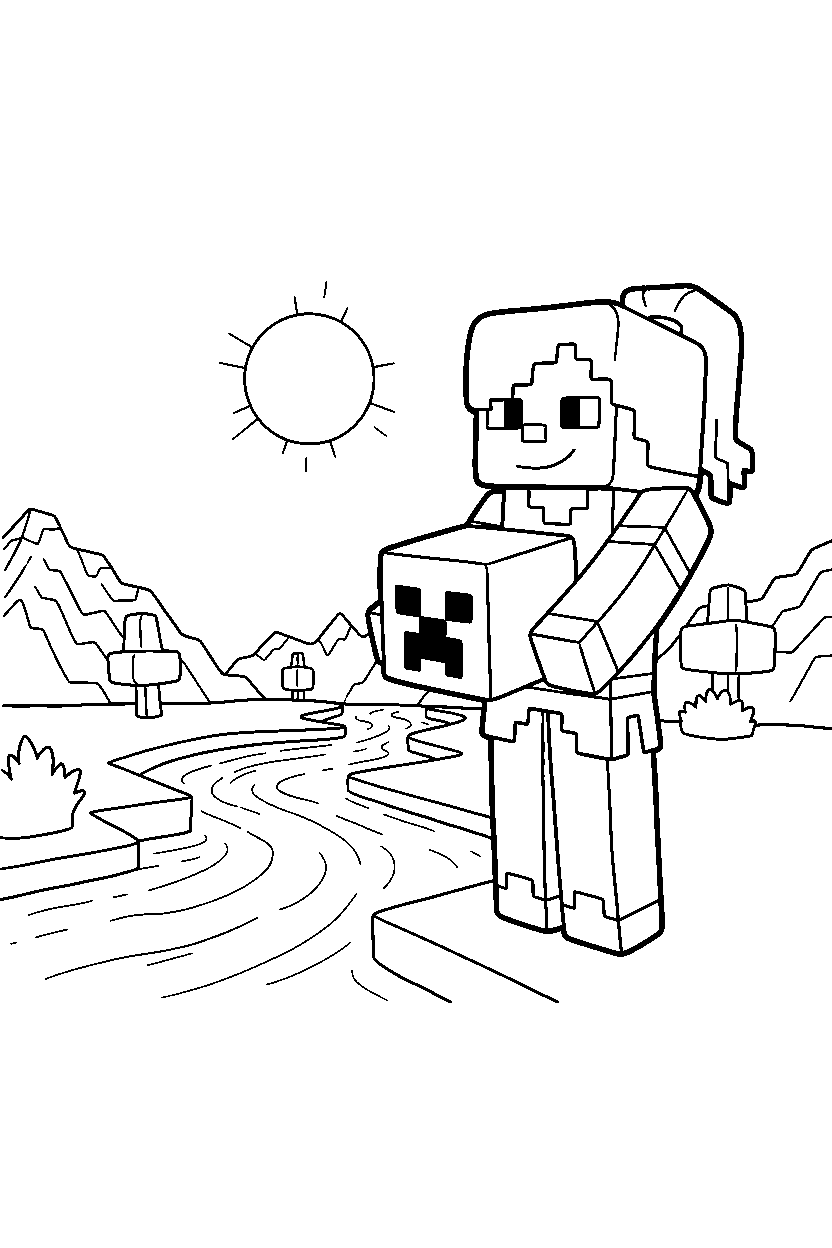 minecraft alex holding a block near a river line art