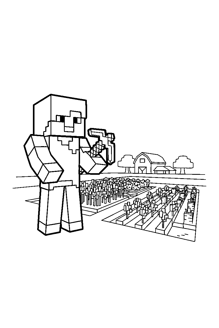 minecraft alex holding a tool near a farm field line art