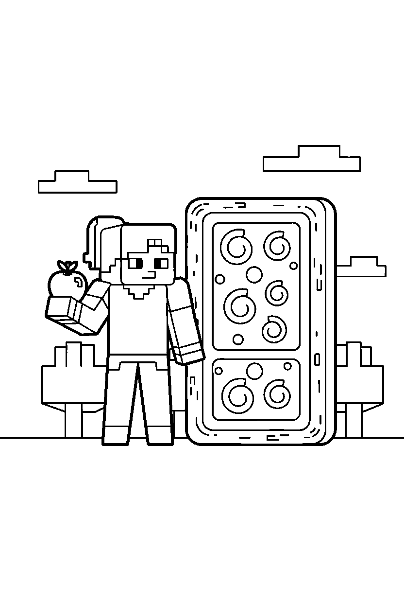 minecraft alex holding an apple near a portal line art