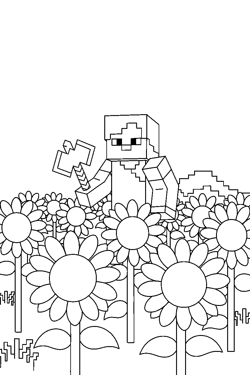minecraft alex holding an axe in sunflower plains line art
