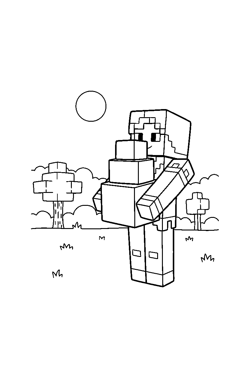 minecraft alex holding building blocks in a meadow line art