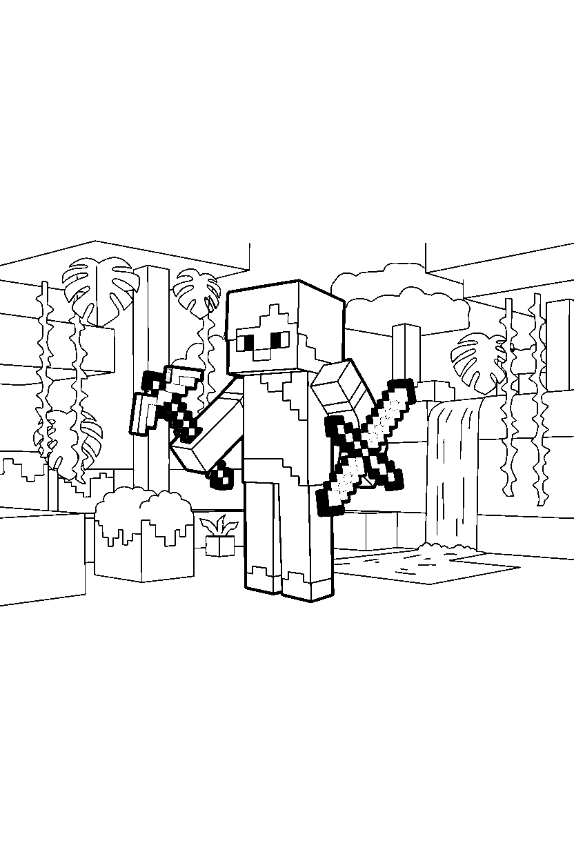 minecraft alex holding equipment in a jungle line art
