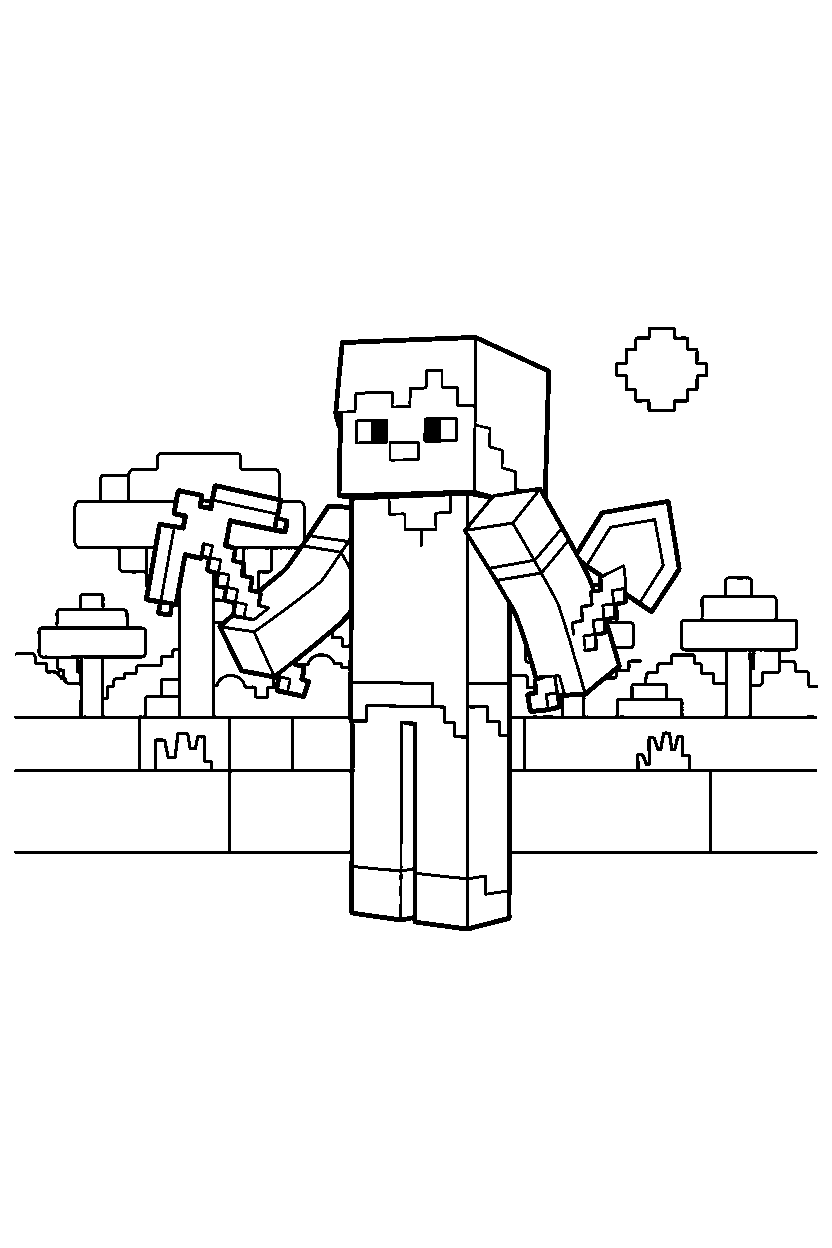 minecraft alex holding equipment in a savanna line art