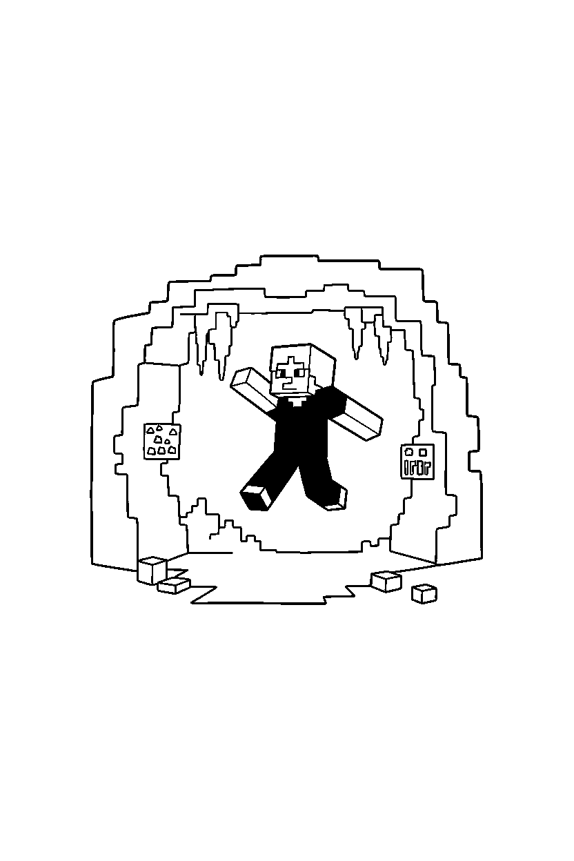 minecraft alex jumping in cave entrance line art