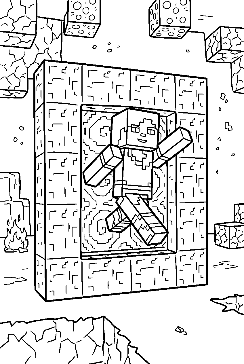 minecraft alex jumping in nether portal area line art