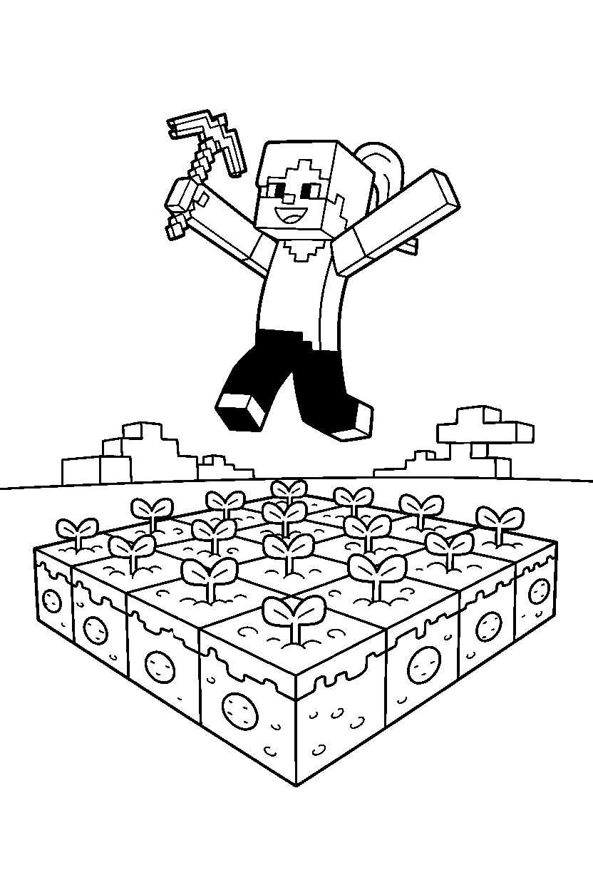 minecraft alex jumping in potato farm line art