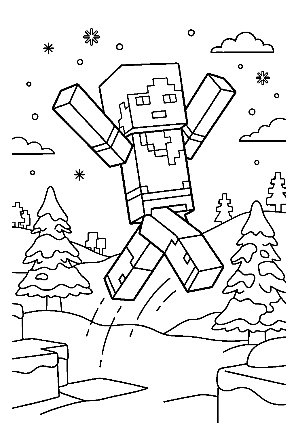 minecraft alex jumping in snowy biome line art