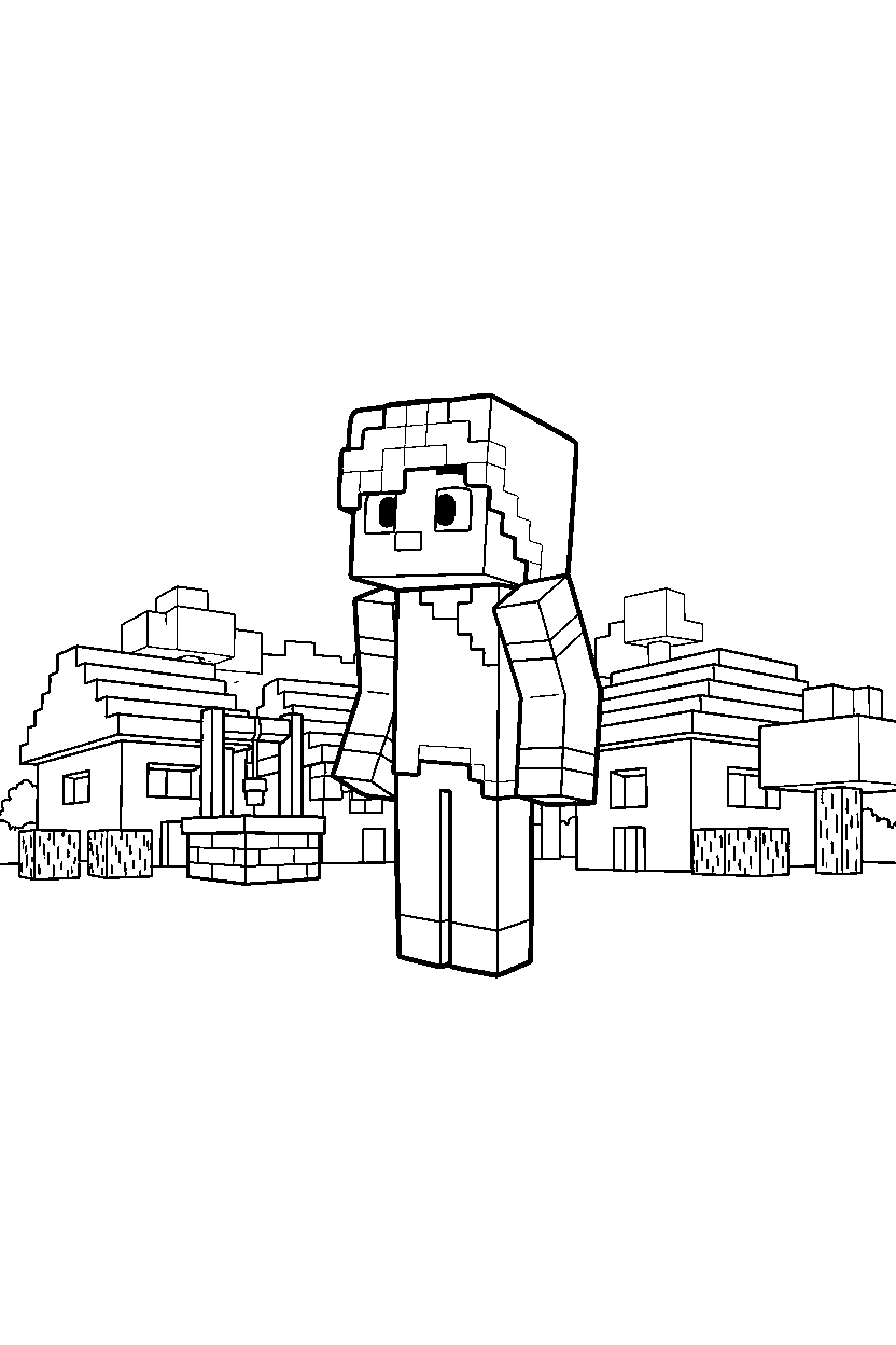 minecraft alex looking around curiously in a village line art