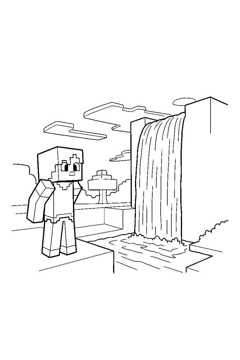 minecraft alex looking into the distance near a waterfall line art
