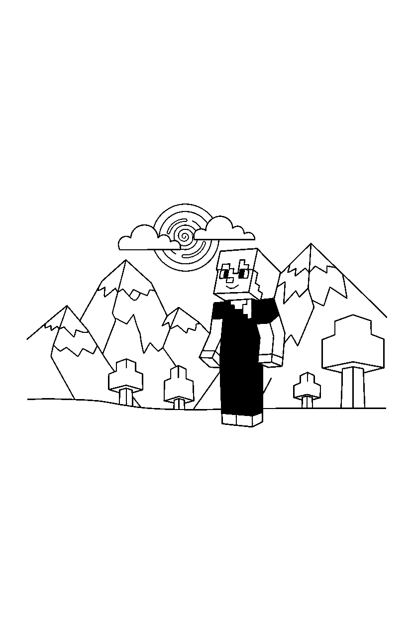 minecraft alex looking toward the sky in mountains line art