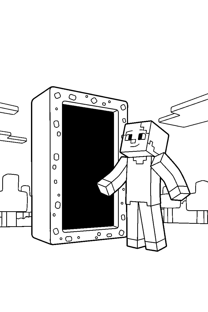 minecraft alex looking toward the sky near a nether portal line art