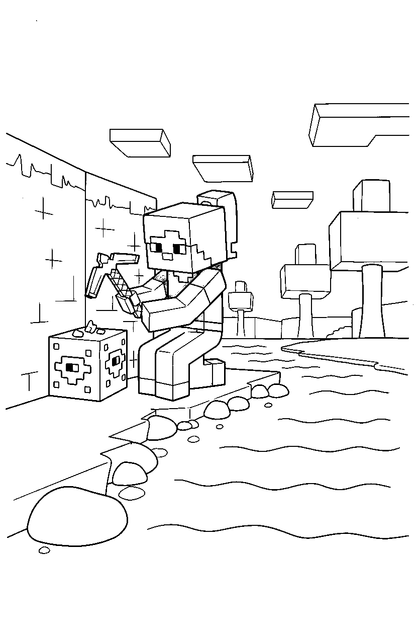 minecraft alex mining carefully near a river line art