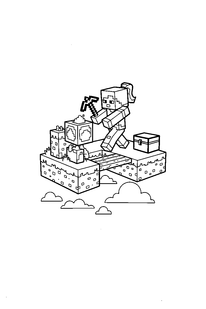 minecraft alex mining slowly in a sky base line art
