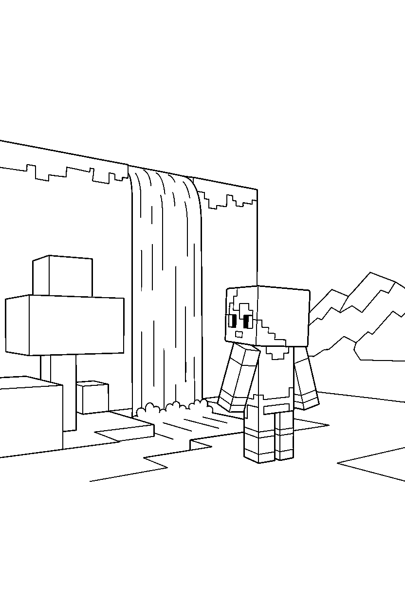 minecraft alex observing by waterfall line art