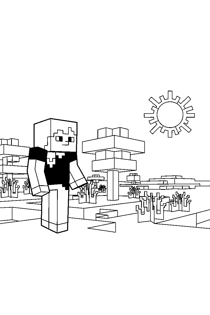 minecraft alex observing from a distance in a savanna line art