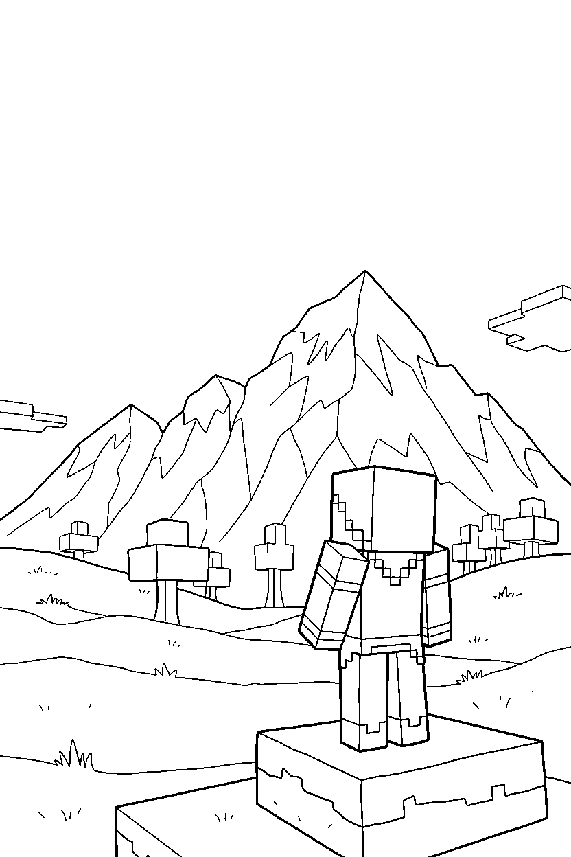 minecraft alex observing from a distance in mountains line art