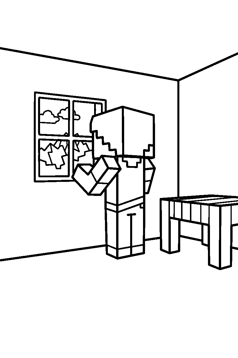minecraft alex observing in simple room line art